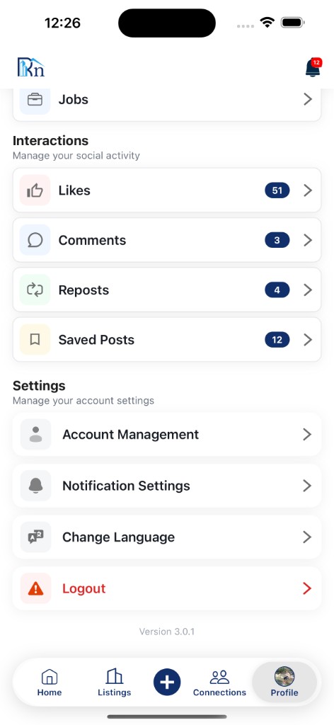 RealtorsIn Profile screen showing Account Management under Settings