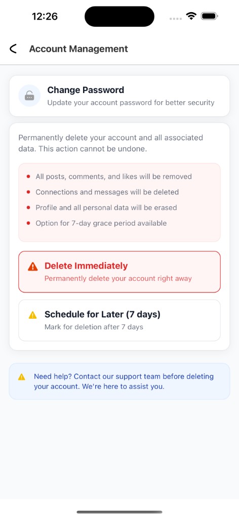 Account Management screen with Delete Immediately and Schedule for Later options